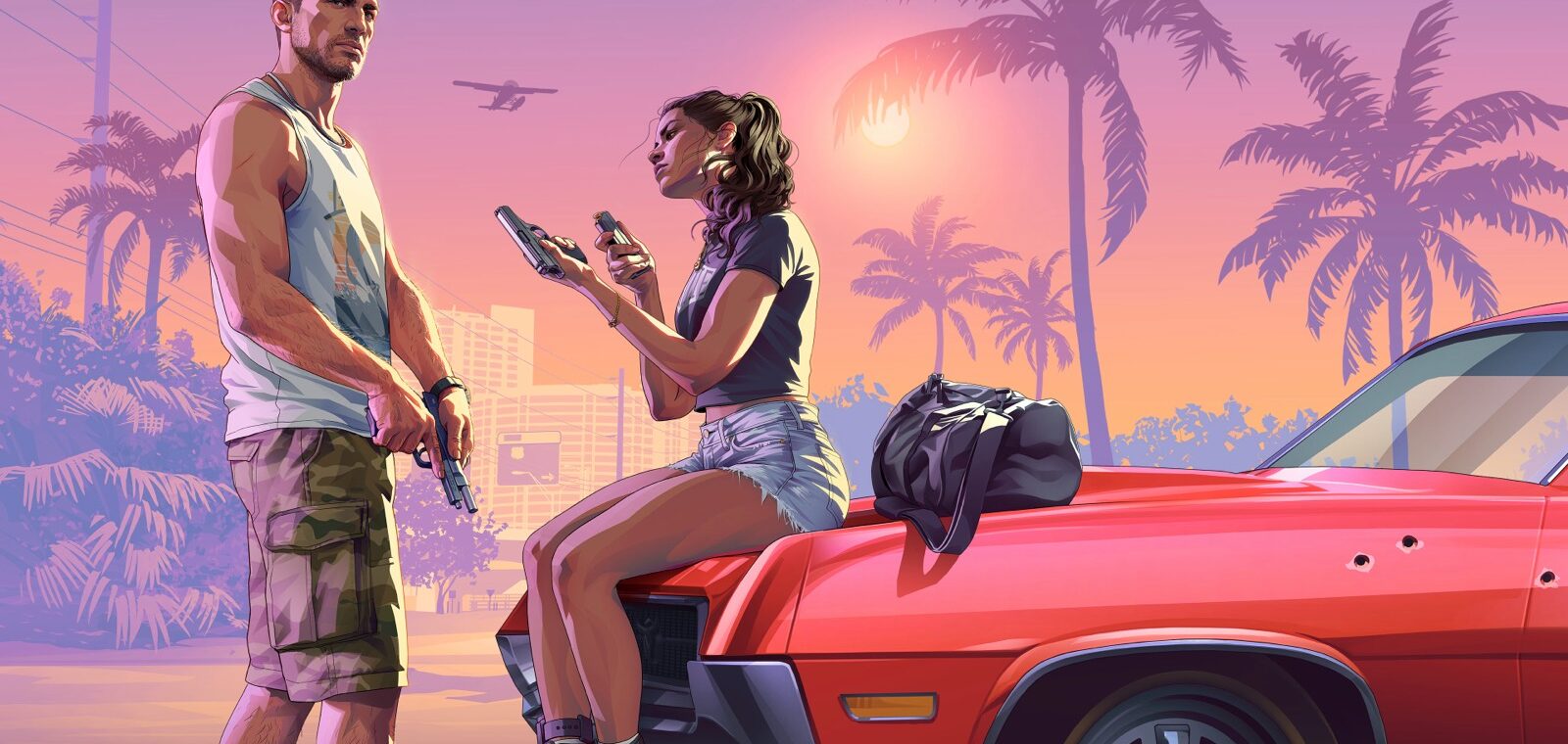 GTA 6 online multiplayer: official artwork of Jason and Lucia leaning on a red car