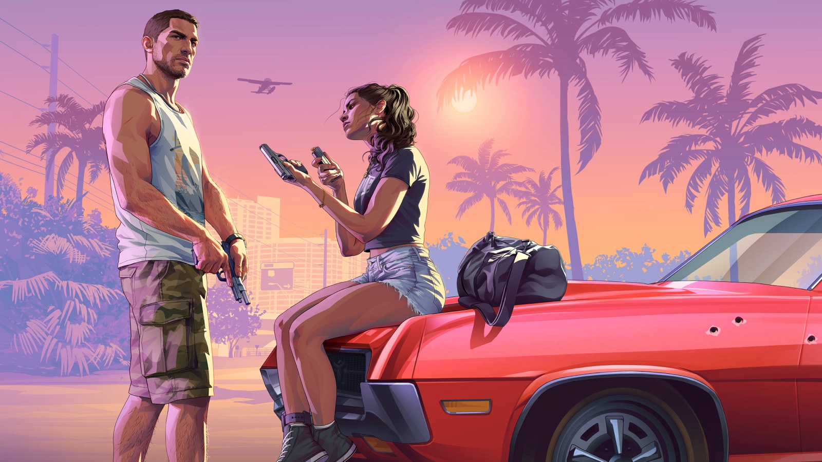 GTA 6 online multiplayer: official artwork of Jason and Lucia leaning on a red car