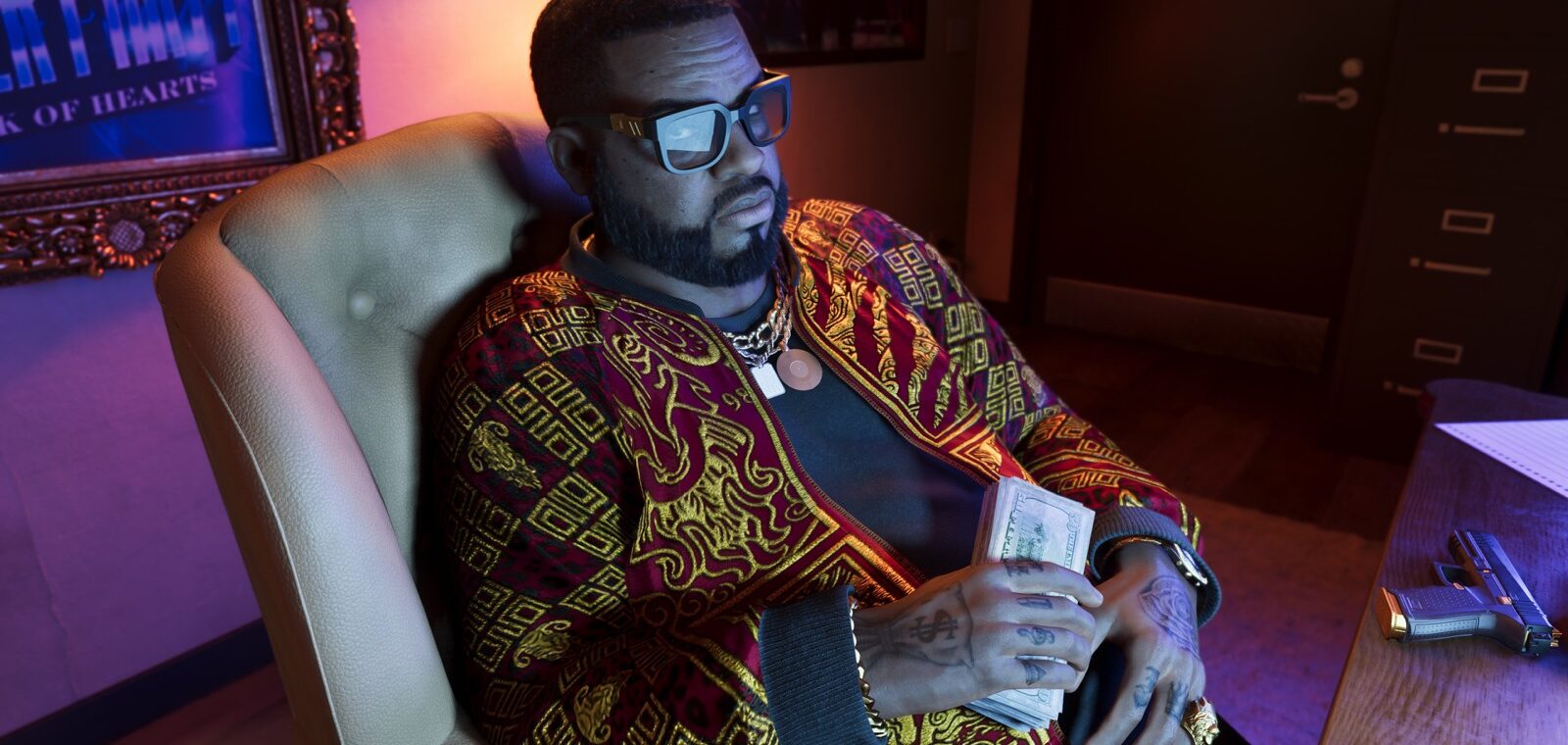 GTA 6 pre-orders: Boobie Ike holding a stack of cash in his Vice City office