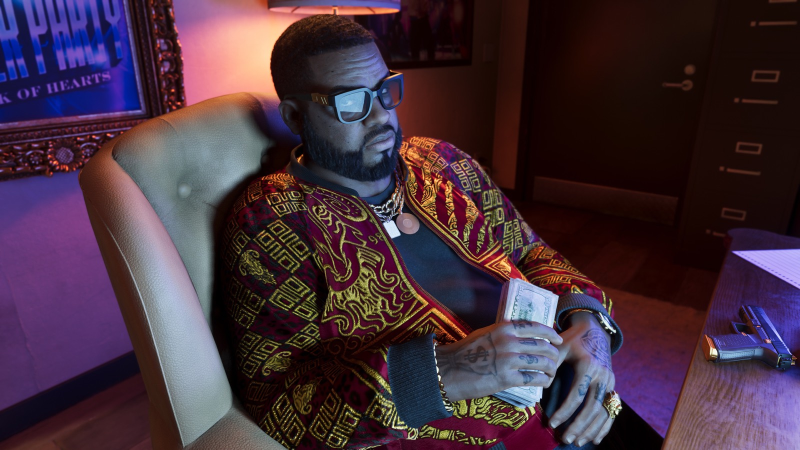 GTA 6 pre-orders: Boobie Ike holding a stack of cash in his Vice City office