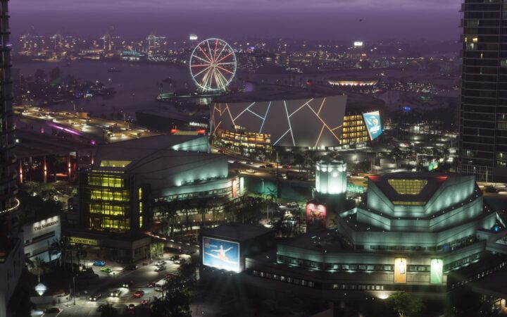 GTA 6 release time: the Vice City skyline at night